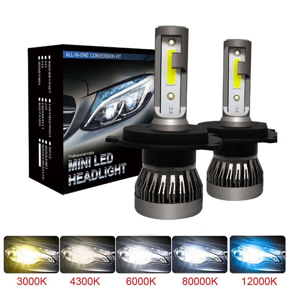 

2Pcs Mini H7 H4 LED Bulb Car Headlight H11 H1 H8 H3 H9 9005/HB3 9006/HB4 Hi-Lo Beam 80W 12000LM Auto Fog Lamp 8000K 6000K