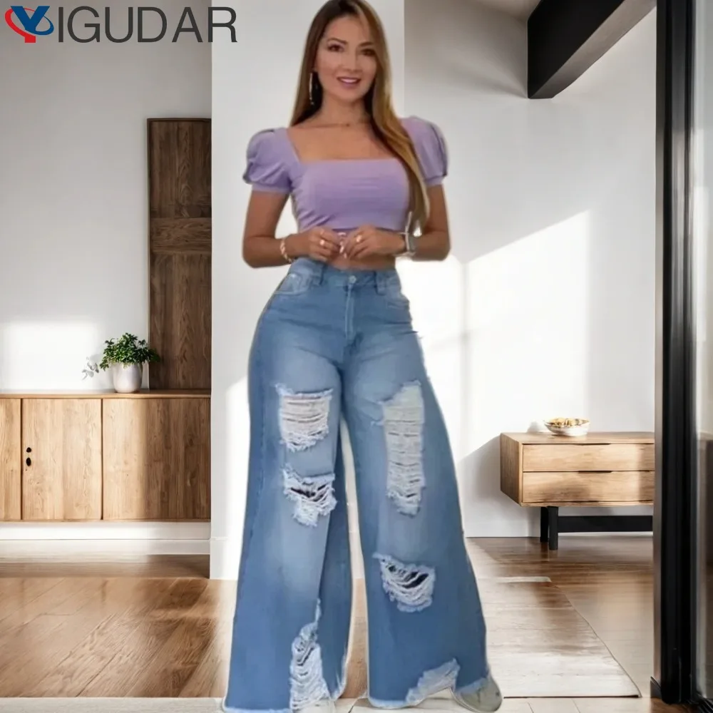 

New 2024 Women's Blue Flare Jeans Sexy Fashion Baggy Low Waist Wide Leg Cowboy Pants Harajuku Denim Trousers Y2k Ripped Jeans