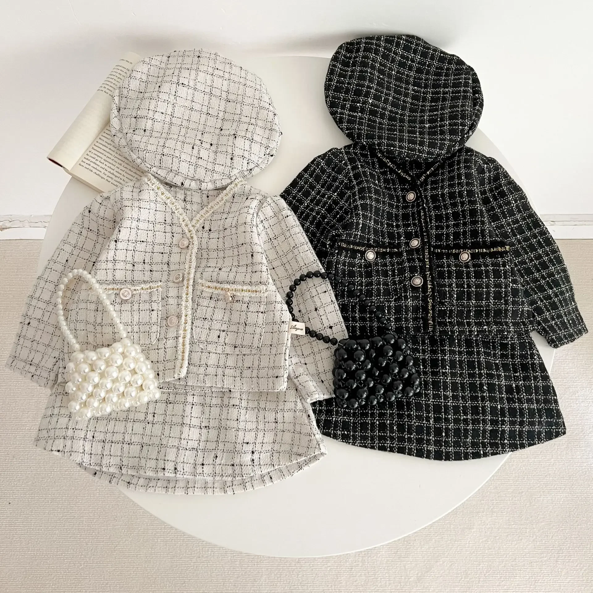 

Luxury Designer Kids Clothes Toddler Girl Boutique Tweed Outfits Autumn Children Jacket Skirts Hat Sets Baby Girls Suit Clothing