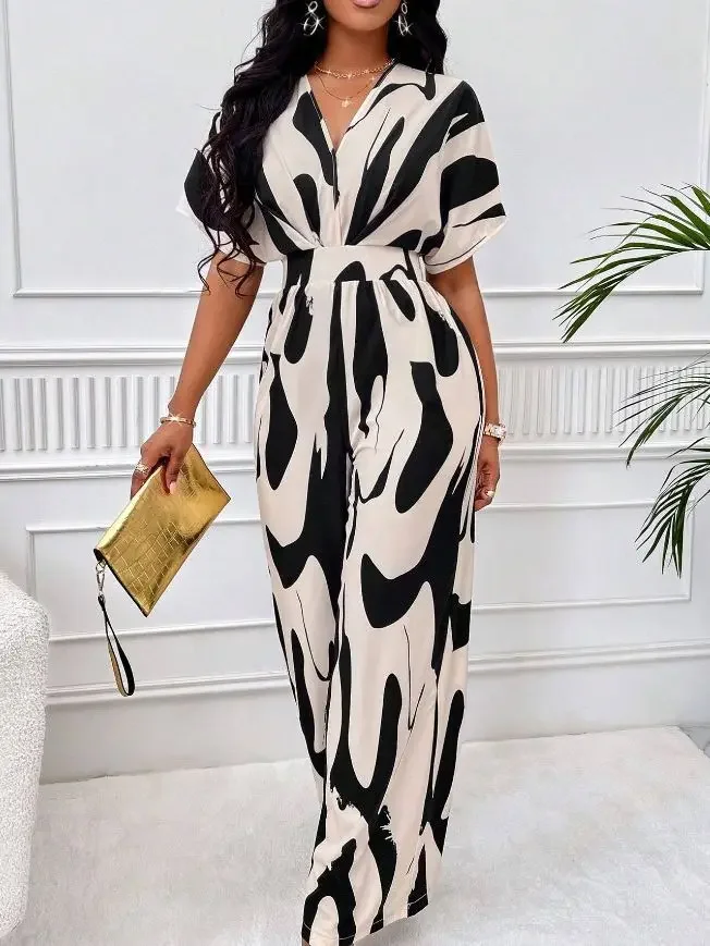 

Women's Jumpsuits for Women V Neck Print Dressy Casual Wide Leg Pants Jumpsuit Batwing Sleeve One Piece Romper Outfits