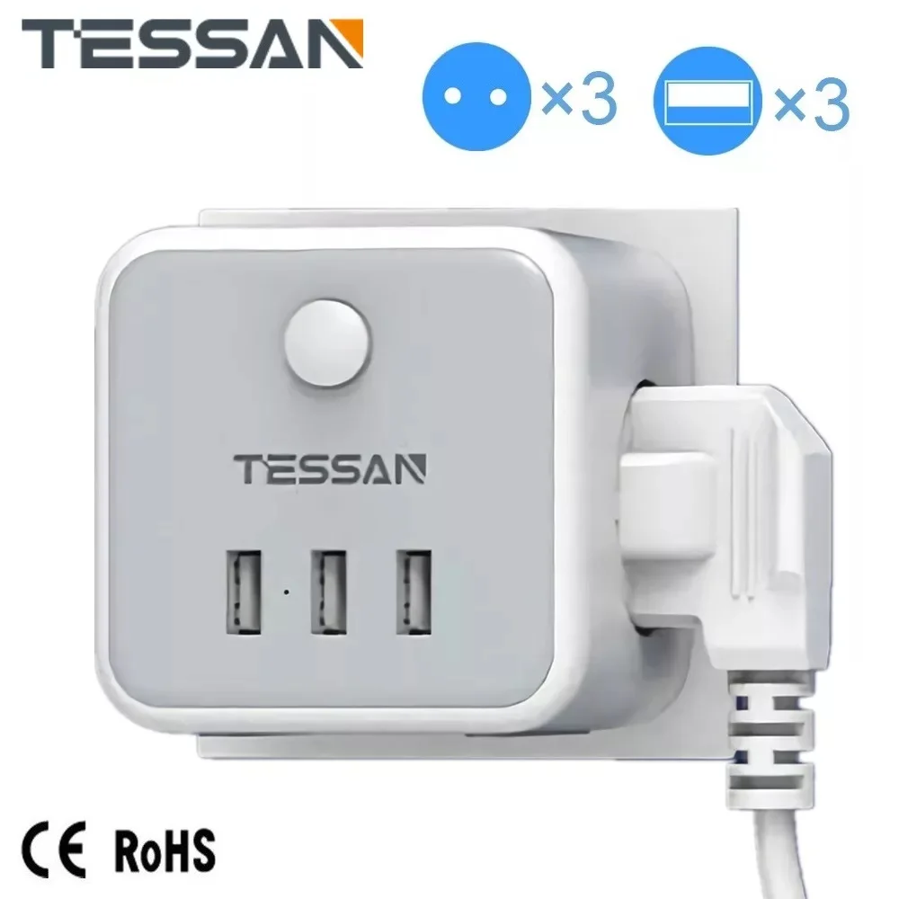 

TESSAN USB Electrical Power Strip with Switch & 3 USB Ports Cube Socket Tee Powercube Strips Plug Smart Outlet Extension Adapter