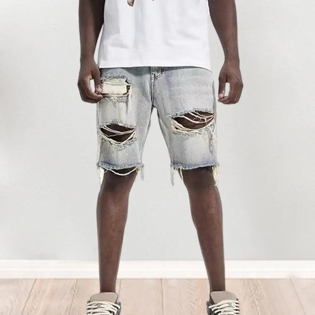 

Men Summer Distressed Cargo Button Zipper Fly Short Jeans Straight Fit Ripped Holes Knee Length Distressed Male Denim Shorts