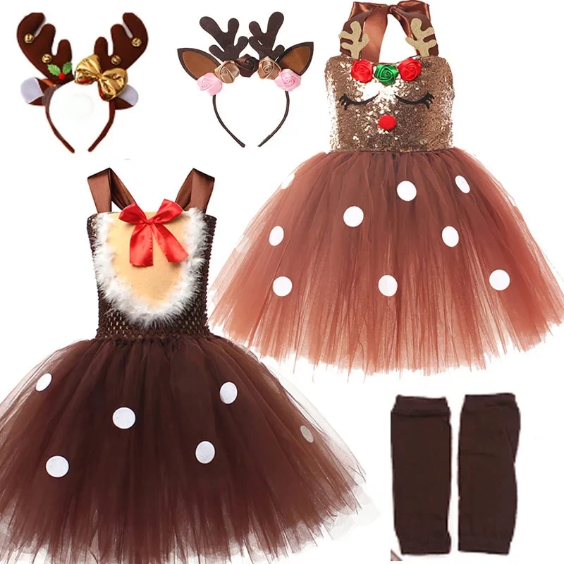 

Kids Girls Christmas Santa Reindeer Costume Shiny Sequins Elk Deer Tutu Dress with Headband set Princess Mesh Tulle Dress