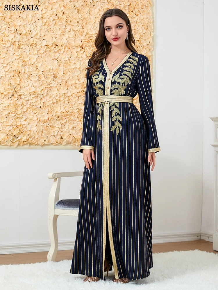 

Siskakia Eid Dubai Saudi Women Belted Abaya V-Neck Embroidery Moroccan Kaftan Evening Party Dress Prom Muslim Ramadan Clothing