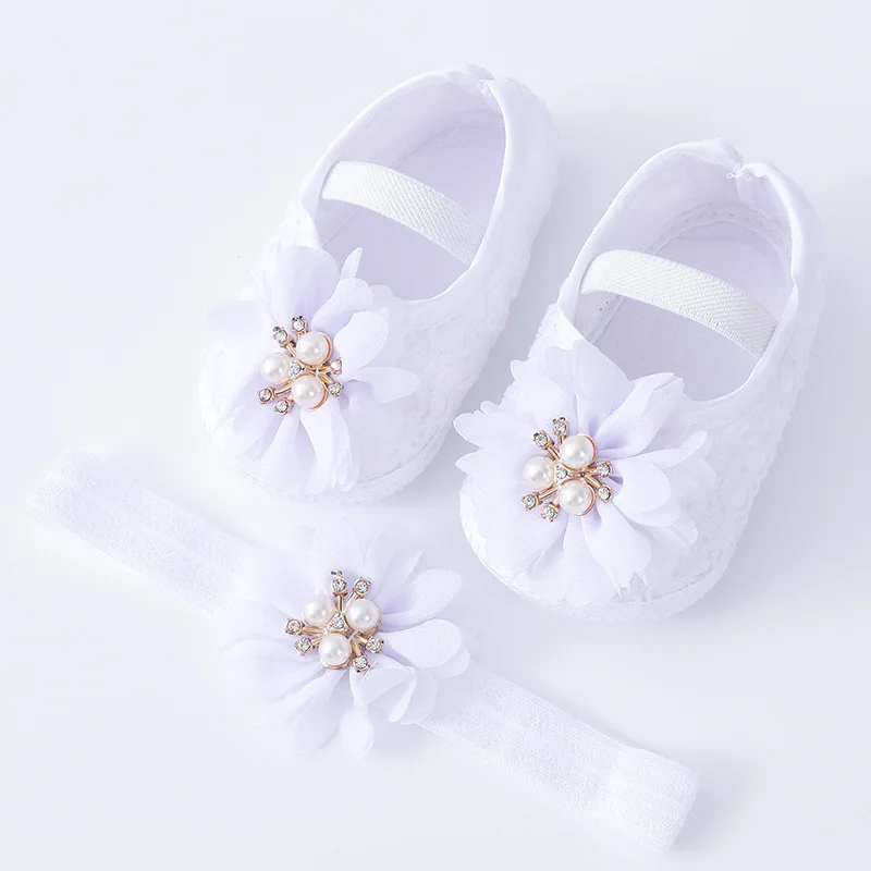 

Baby Girls Princess Flower Shoes Headband Set First Walker Shoe Infants Toddlers Soft Sole Anti-skip Spring Autumn