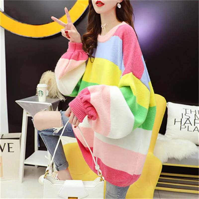 Sweater Women's Mid Length Autumn/winter Rainbow Striped Korean Version Pullover Knit Sweater Loose And Versatile Top Commuting
Sweater Women's Mid Length Autumn/winter Rainbow Striped Korean Version Pullover Knit Sweater Loose And Versatile Top Commuting