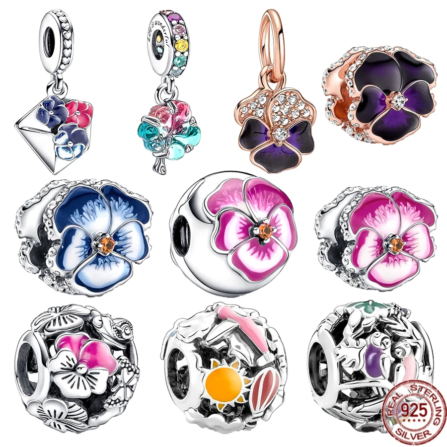 

Hot Sale Deep Purple Blue Pansy Flower Dangle Charm Beads 925 Sterling Silver DIY Jewelry forWomen Fit Original Pandora Bracelet