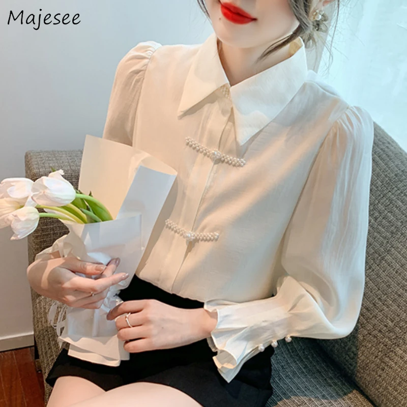 

Рубашка женская в китайском стиле, элегантная блуза с длинным рукавом, на пуговицах, с жемчугом, в стиле ретро, модная Свободная Повседневная весенняя одежда