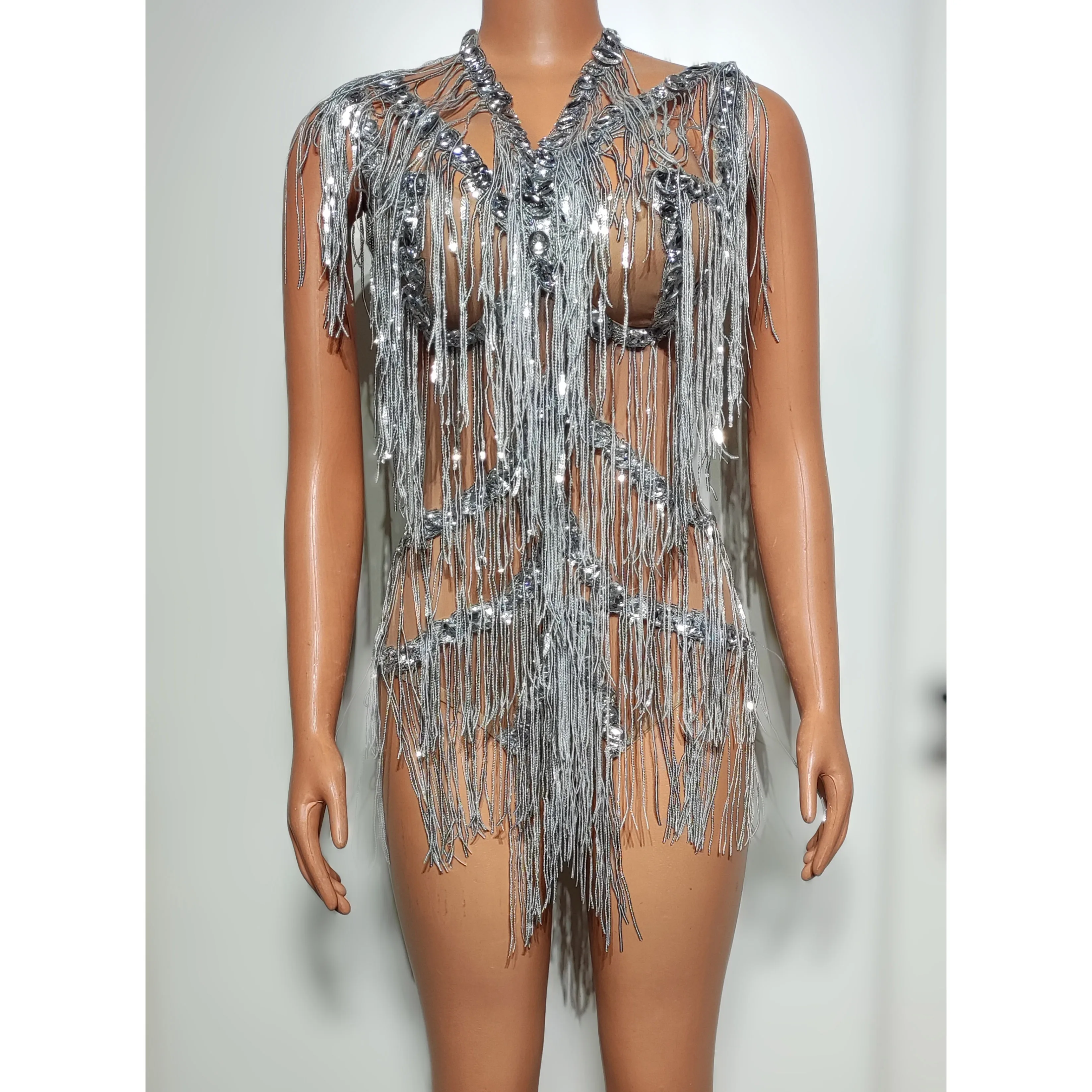 

Shiny Silver Fringed Bodysuit Pole Dance Costume Dj Ds Party Rave Clothing Nightclub Singer Dancer Performance Clothes