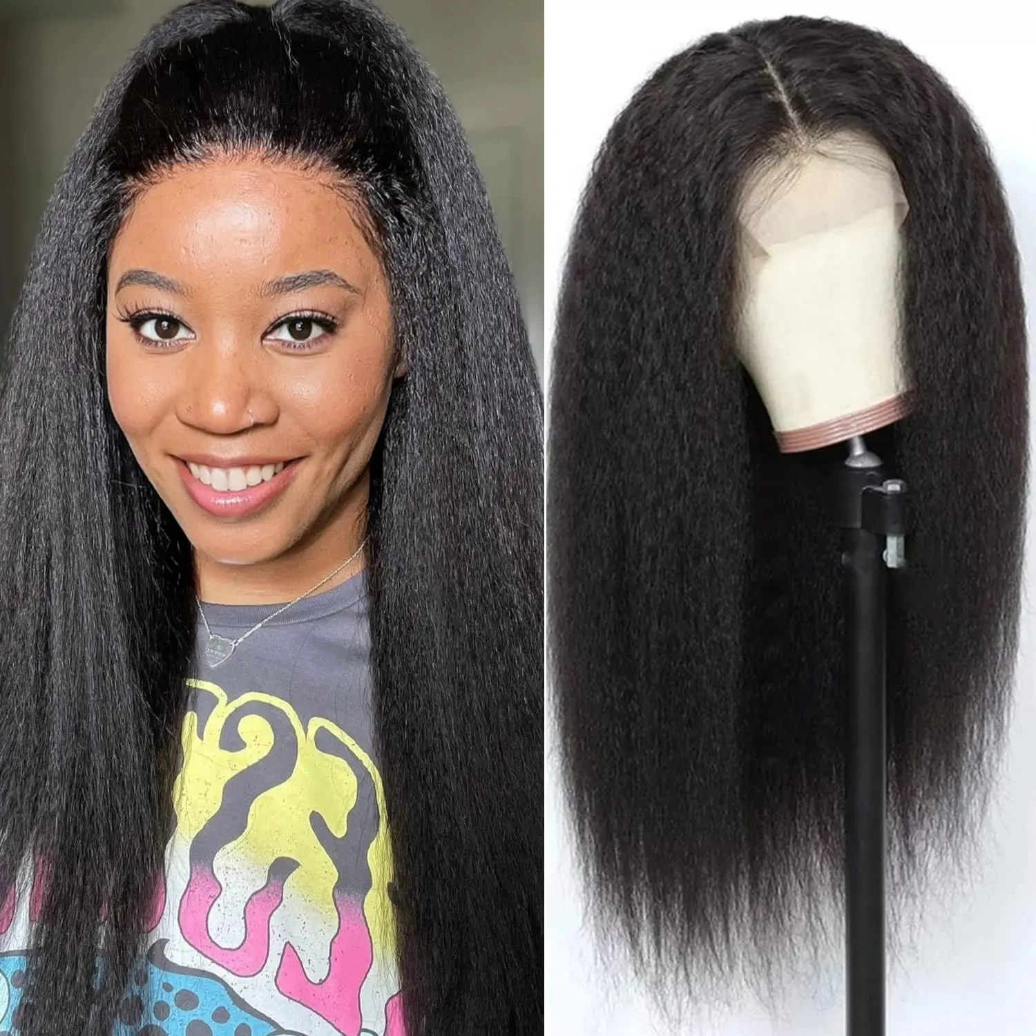 

Kinky Straight Lace Front Wigs Human Hair 250% Density 13x4 Glueless Wigs for Women 22 inch Yaki Straight Wigs Pre Plucked Hair