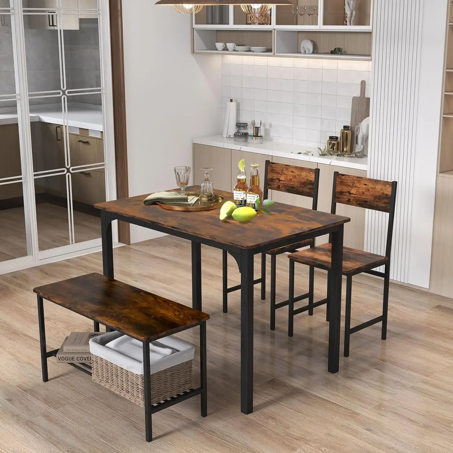 

Кухонный стол со скамейкой и стульями, промышленный обеденный стол с металлической рамой и полкой для хранения, набор столовых приборов,