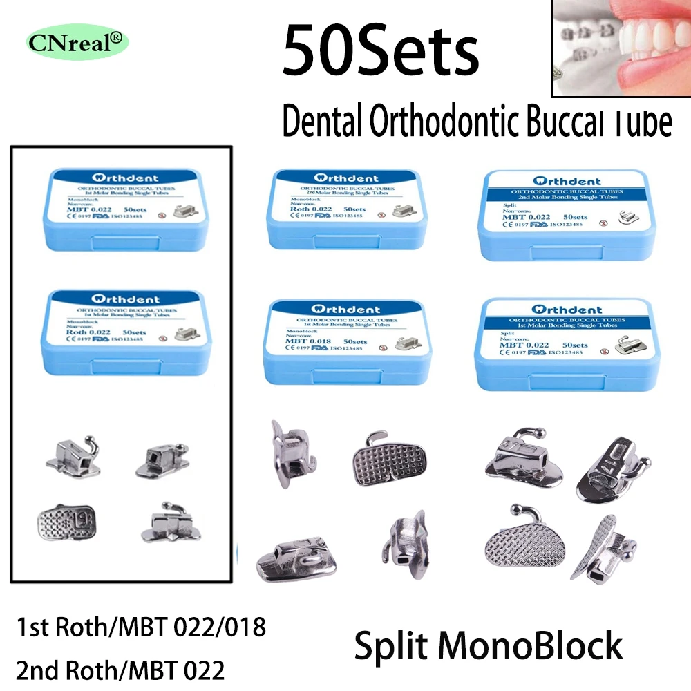 

50Sets Dental Orthodontic Bondable Buccal Tubes Monoblock Split Single Non-Convertible 1st 2nd Molar Roth MBT 0.022/018 Dentist