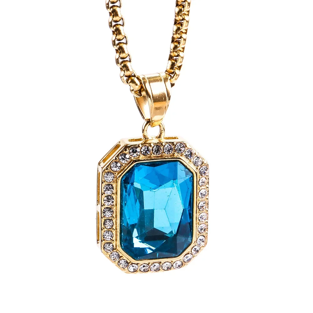 

CHUANGCHENG Fashionable Style Square Sapphire Stainless Steel Women's Gold Pendant Necklace Chain