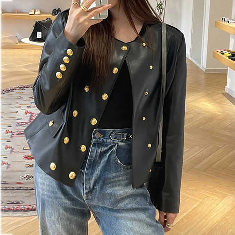 

2024Genuine Leather Coat Autumn/Winter New Fashion Versatile Style Metal Button Short Crop Tanned Sheepskin Top Coa