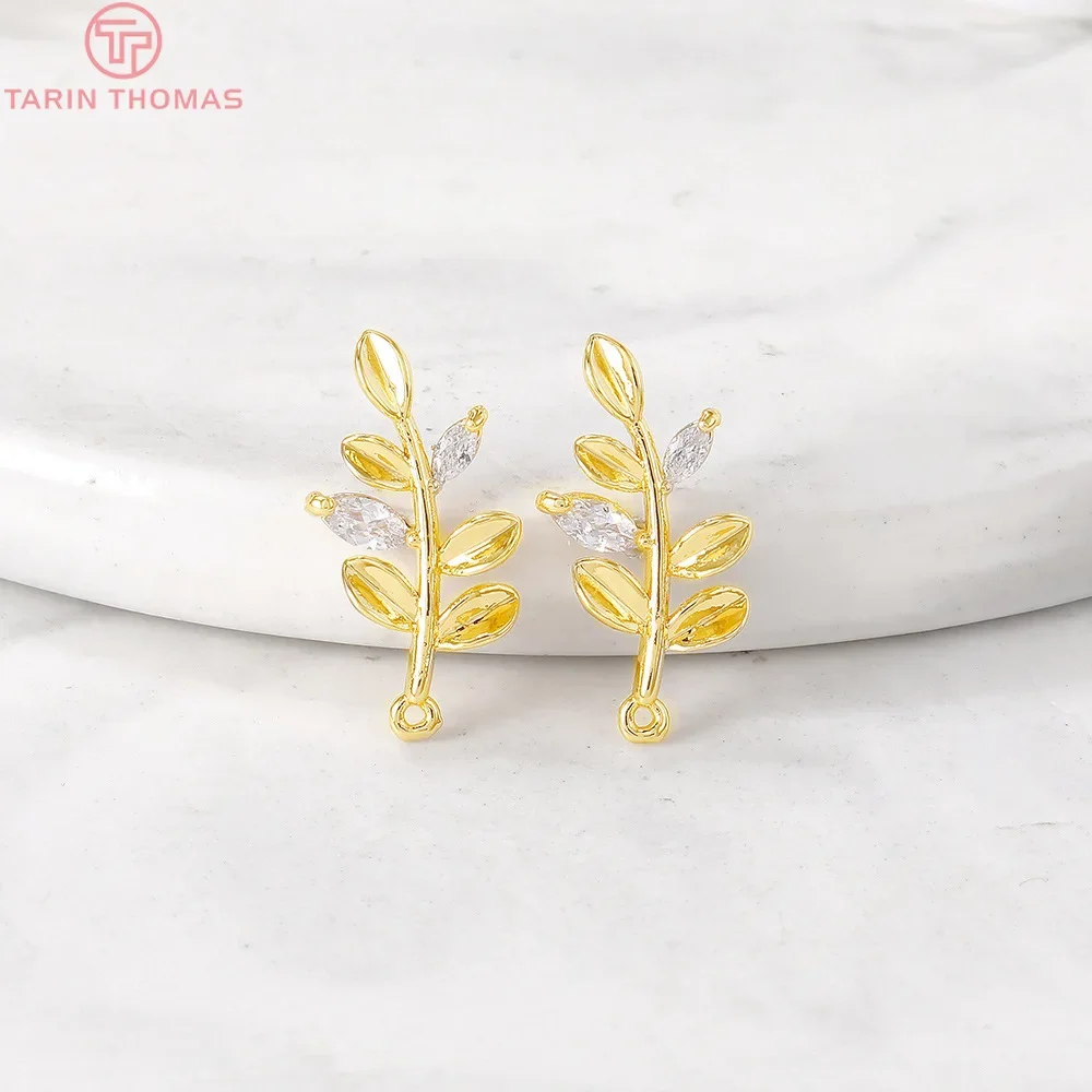 

(716)6PCS 8x17MM Hole 1MM 24K Gold Color Brass with Zircon Leaf Leaves Charm Pendants for Jewelry Making Findings Accessories