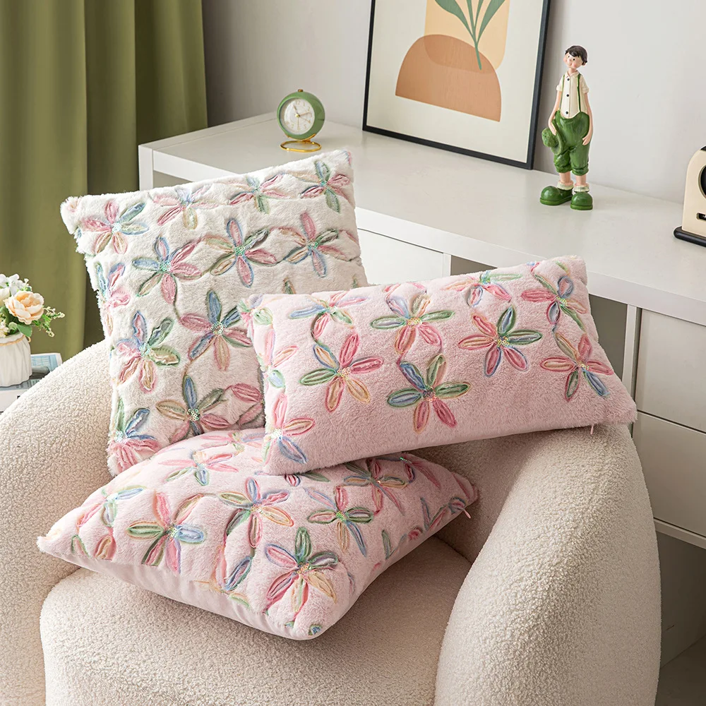 

30x50/45x45cm New Throw Embroidery Pillow Cover Pink Flower Plush Cushion Cover for Living Room Sofa Decorative Home Decor