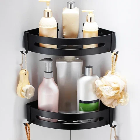 

Black Triangle Corner Shelves Wall Storage Rack Towel Shower Space-saving Punch-free/Punching Bath Holder with Hangers