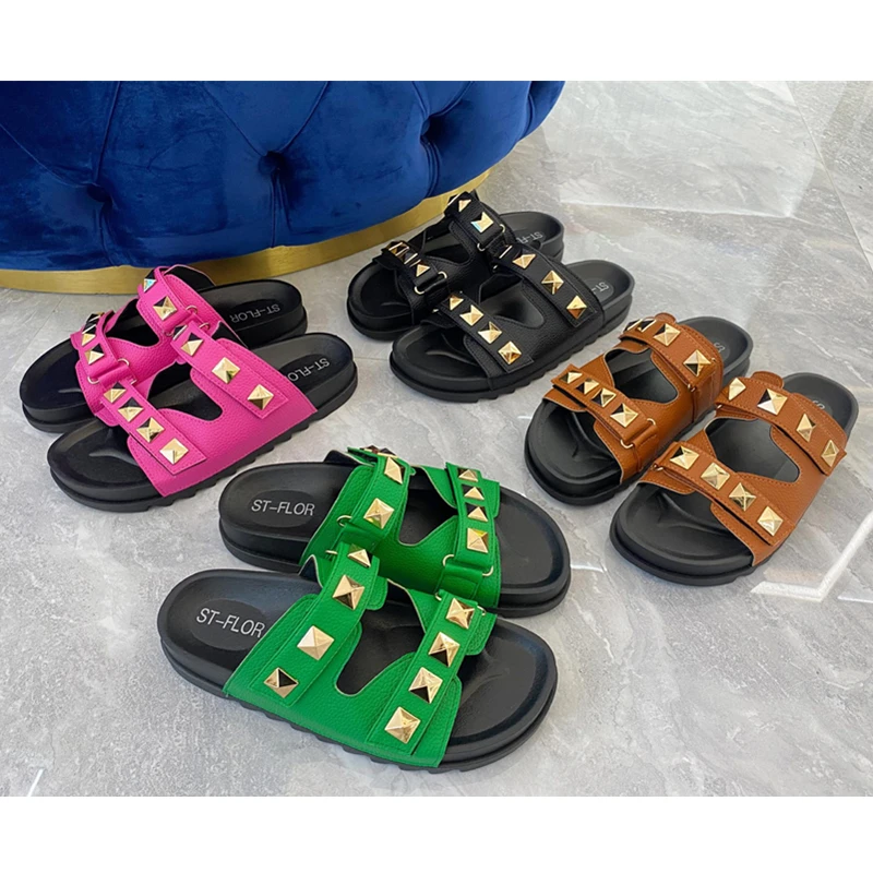 

Summer Punk Rock Women Slippers Rivets Platform Leather Mules Creative Metal Fittings Female Casual Sandals Shoe Slides 2023