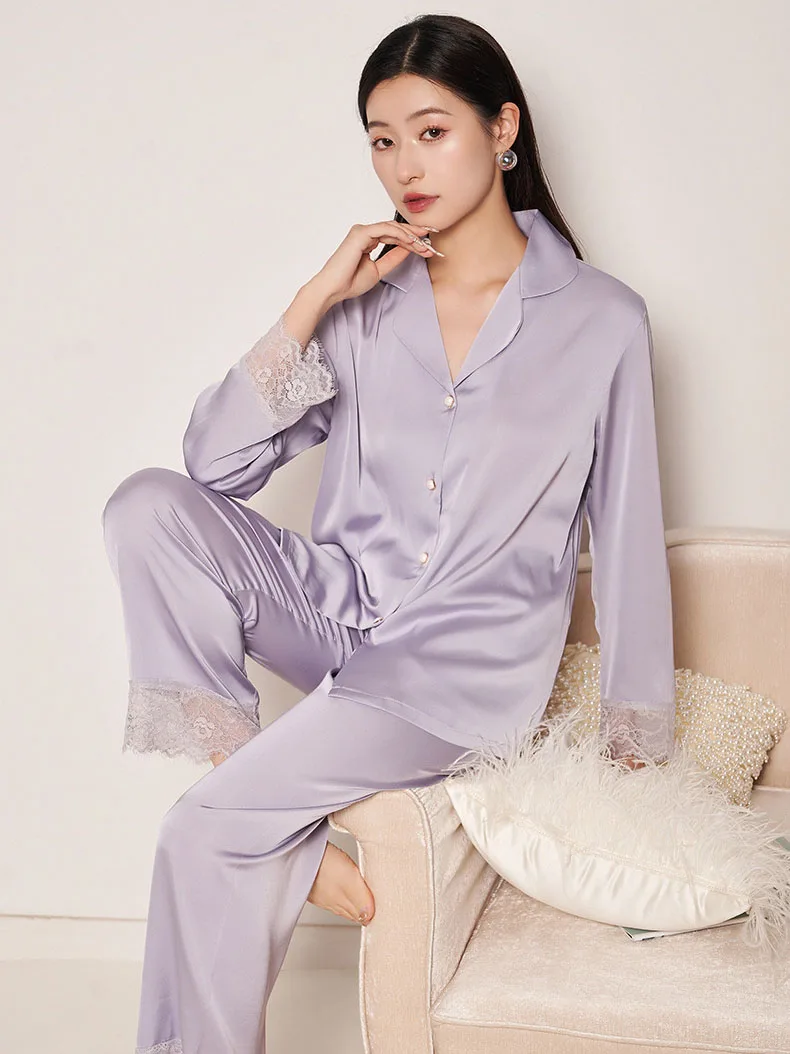 

CRLAYDK 2023 NEW Spring Women's Pajamas Silk Back Lace Cut-out Lungewear Button Down Sleepwear Silkly Long Sleeve Nightwear