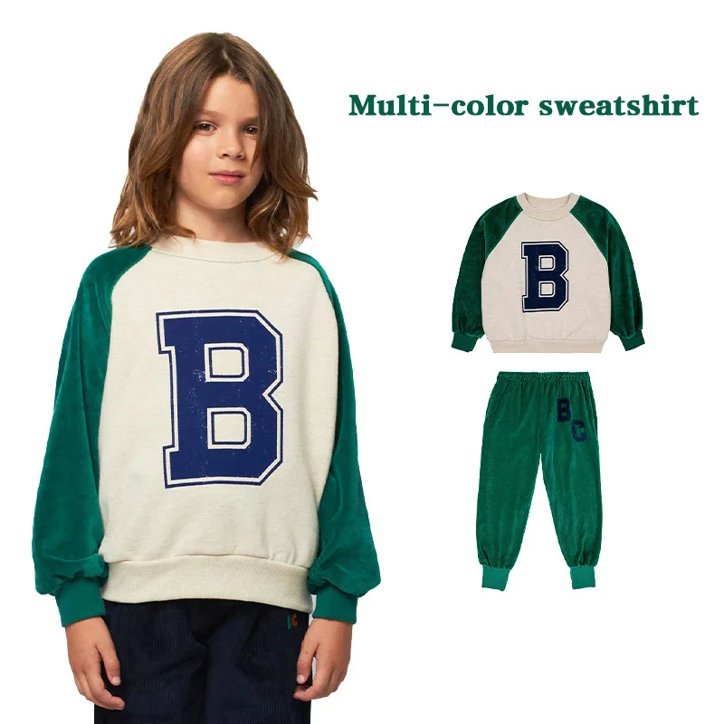 

Kids Sweatshirt Bobo 23 AW Boys and Girls Cotton Color Block Letters Plus Velvet Pullover Velvet Trousers 1-12 Years Baby Clothe