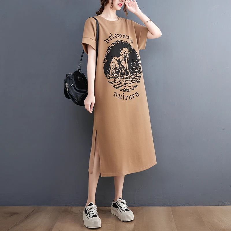 

2022 New Korea College Style Print Letter Lucky Unicorn Chic Girl's Fashion Summer Dress Open Split Women Casual T-shirt Dress