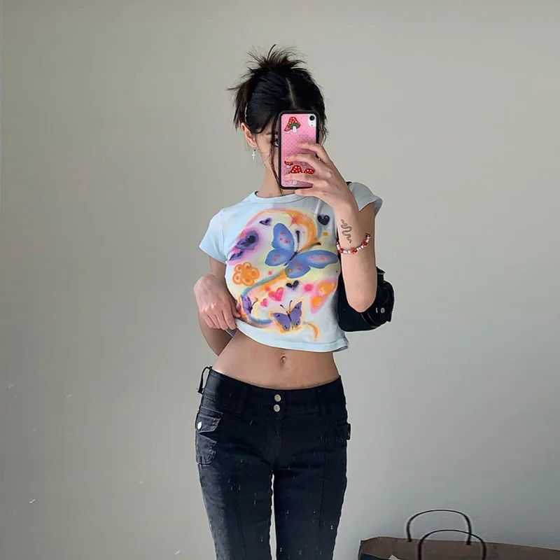 2021 Y2K Aesthetics Butterfly Printing Cute Baby Tees Vintage 2000s O-neck Short Sleeve White T-shirts Kawaii Crop Top Summer
2021 Y2K Aesthetics Butterfly Printing Cute Baby Tees Vintage 2000s O-neck Short Sleeve White T-shirts Kawaii Crop Top Summer