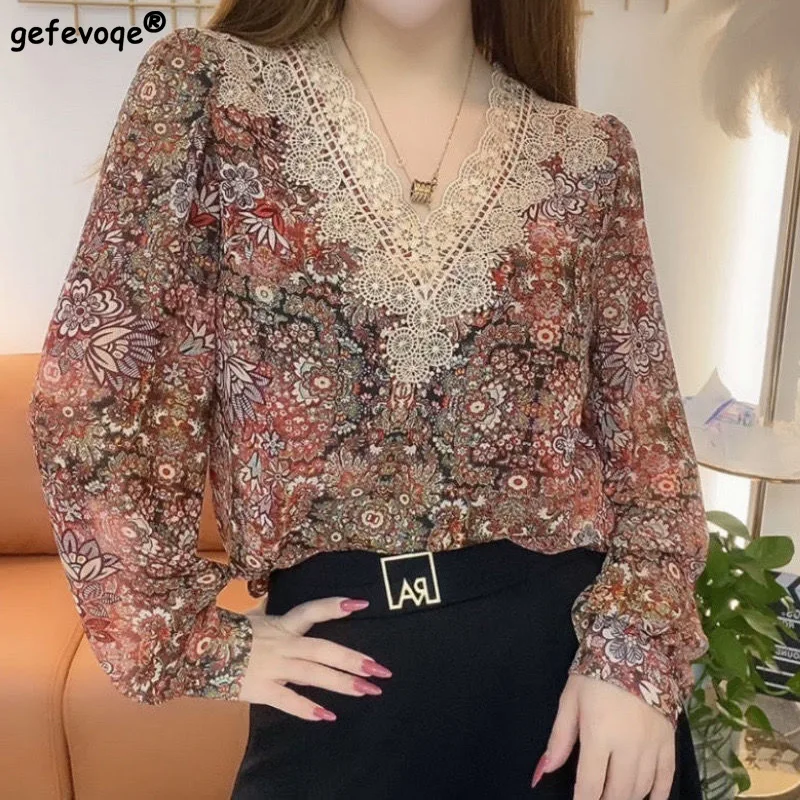 Summer New Fashion Casual Print Lace Patchwork Shirts V Neck Long Sleeve Loose Chiffon Blouses Elegant Office Women Clothing
Summer New Fashion Casual Print Lace Patchwork Shirts V Neck Long Sleeve Loose Chiffon Blouses Elegant Office Women Clothing