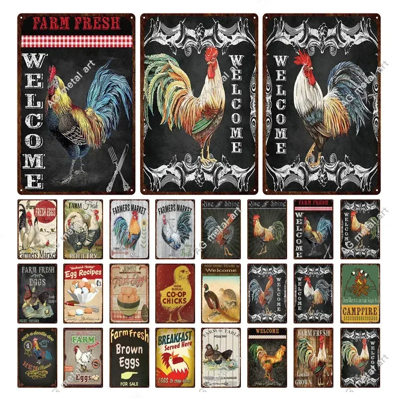 

Chicken Tin Sign Fresh Eggs Farmhouse Decor Plaques Vintage Metal Tin Plate Painting Rooster Poster Kitchen Farm Wall Art Decor
