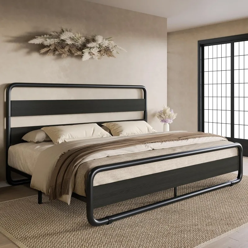 

Bedroom King Size Metal Heavy Duty Bed Frame with Wood Headboard and Footboard with 10" Under Bed Storage