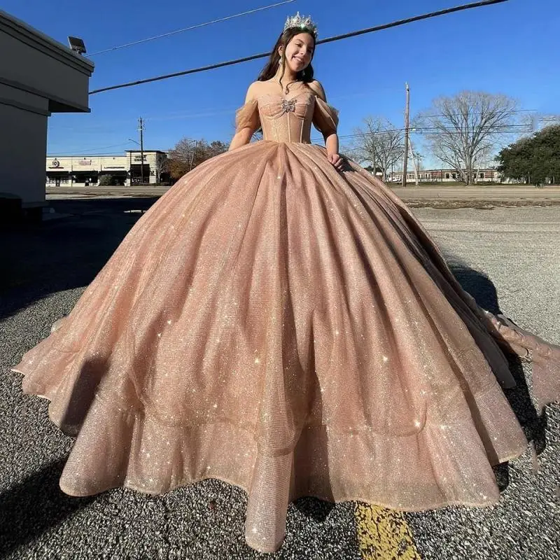 

Quinceanera Sweetheart Open Back Sequin Shiny Off The Shoulder Evening Dress 2024 Ball Gown Floor Length Sweep Train Prom Dress