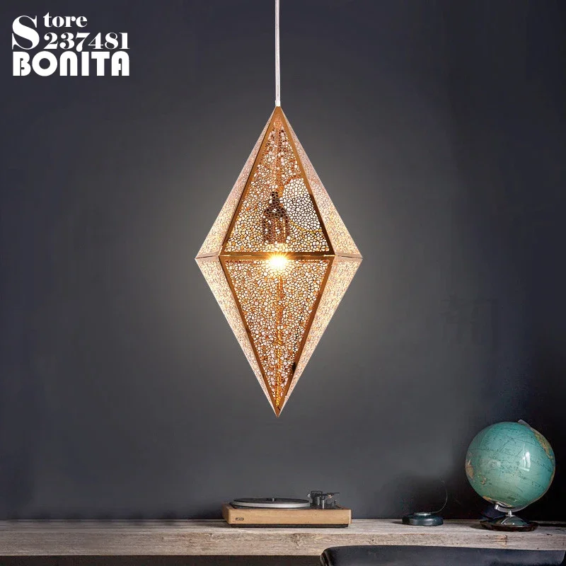 

Stainless steel geometric shape hollow led hanging lamp Polyhedral rhombus cord pendant lamp Diamond mesh vintage pendant lights