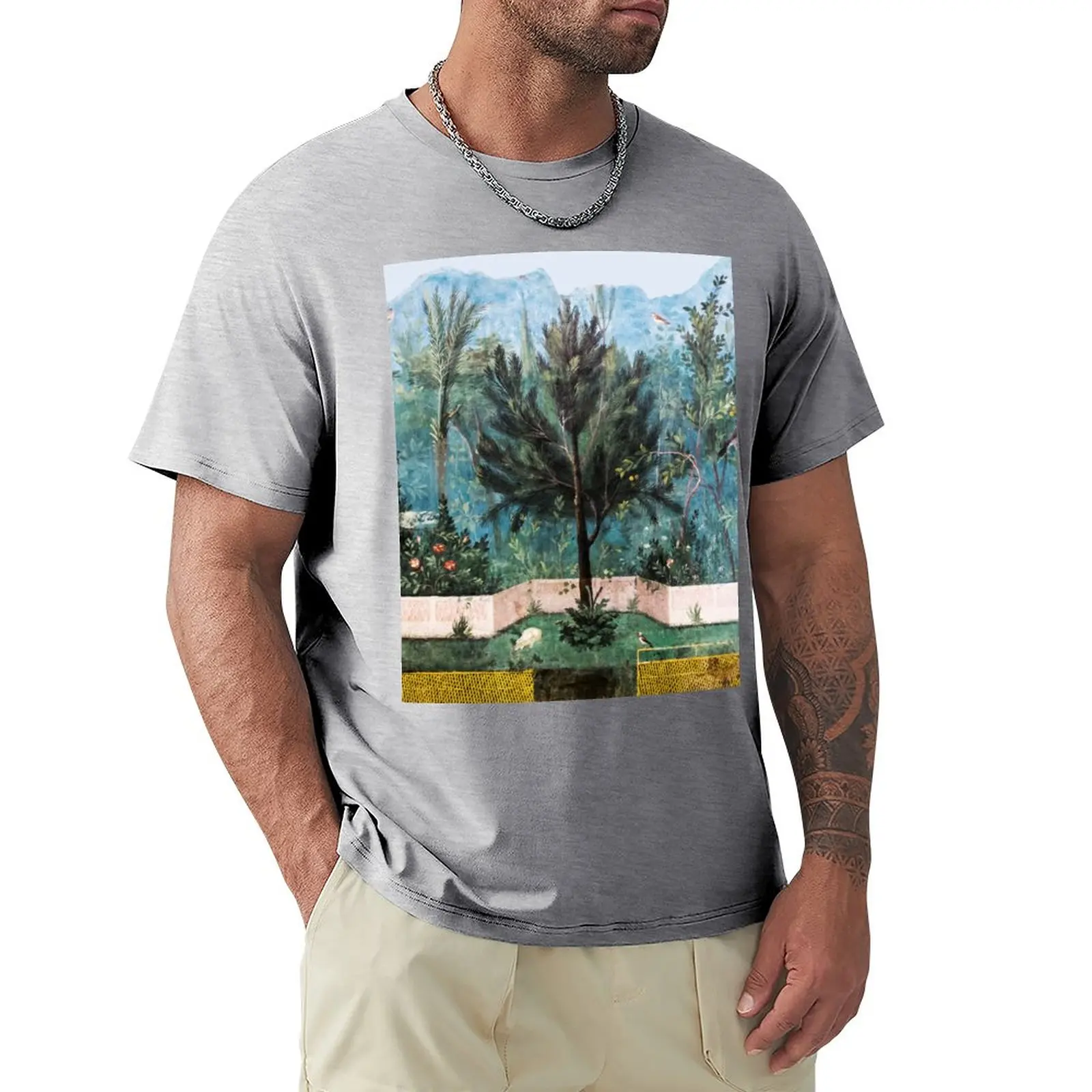 

ANTIQUE ROMAN WALL PAINTING Flower Garden Flying Birds Pine,Quince and Apple Trees T-Shirt oversized mens workout shirts