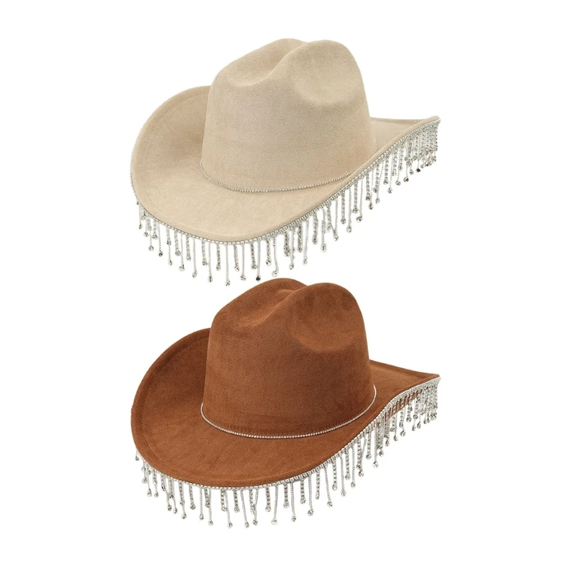 

652F Vacation Cowboy Hats Diamond Tassels Hand Beading Crystal Gift for Girl Cowgirl Hat for Carnivals Music Festival