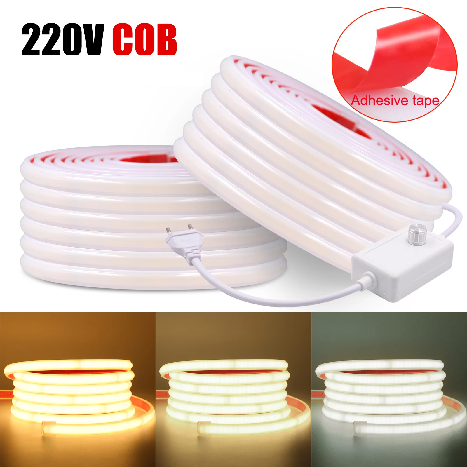 

Dimmable COB LED Strip Light 220V Flexible COB Tape Light 10CM Cuttable 240LEDs High Density Linear Light Waterproof COB Lights