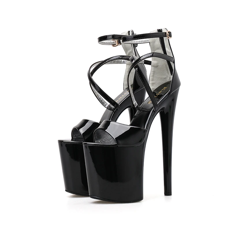 

20cm or 17cm Ultra High Heel Sandals Black Stiletto Sexy Cross T Belt Platform Heels Summer Stripper Shoes Plataforma Mujer