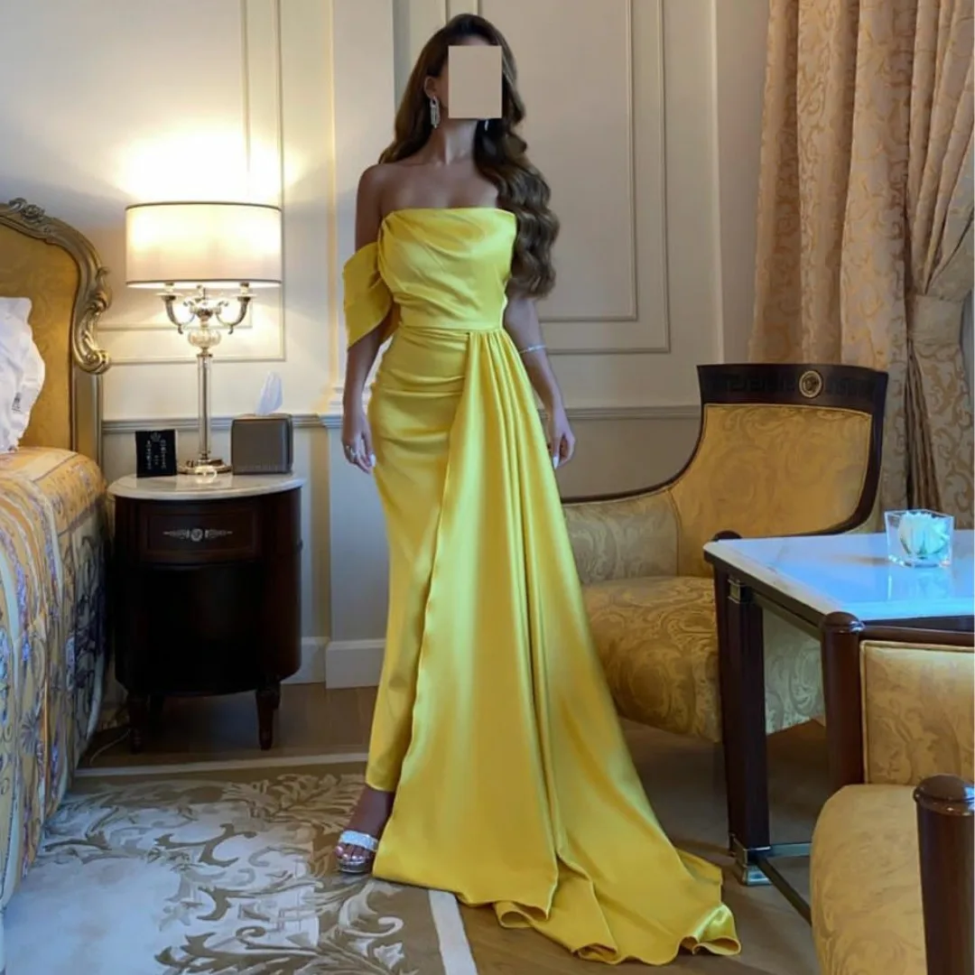 Yellow Strapless One Shoulder Evening Dresses with Flutters Sash Wedding Guest Dress Ruched Ankle Length Prom Party Formal Gowns
Yellow Strapless One Shoulder Evening Dresses with Flutters Sash Wedding Guest Dress Ruched Ankle Length Prom Party Formal Gowns