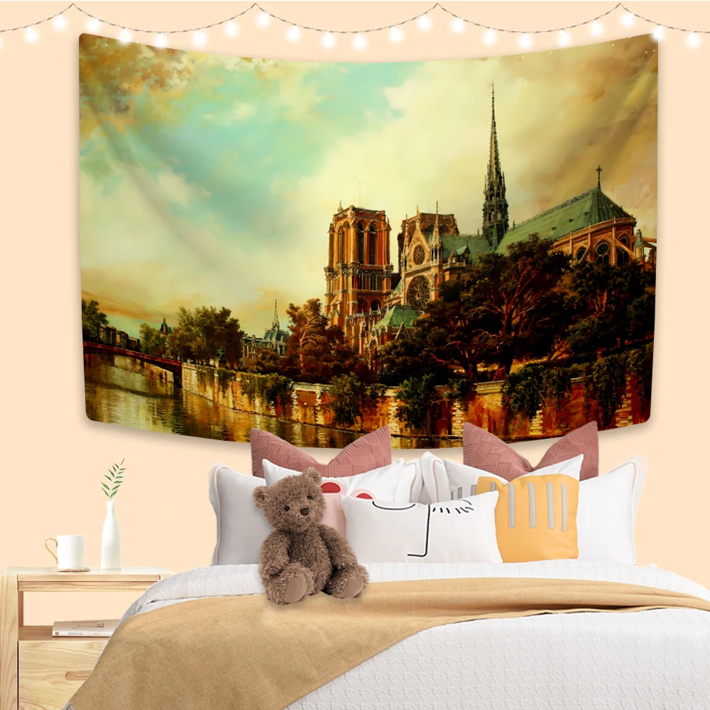 

XxDeco Landscape Oil Painting Tapestry Notre Dame Cathedral Printed Vintage Wall Hanging Dorm Bedroom Decor Background Cloth