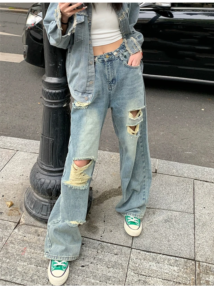 

Women's Street Style Distressed Thin Jeans American Casual Multiple Hole Designs Trousers Female High Waist Straight Blue Pants