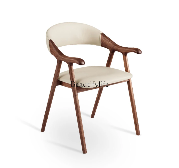 

Italian Minimalist Solid Wood North American Black Walnut Log Full Leather Backrest Chair Combination