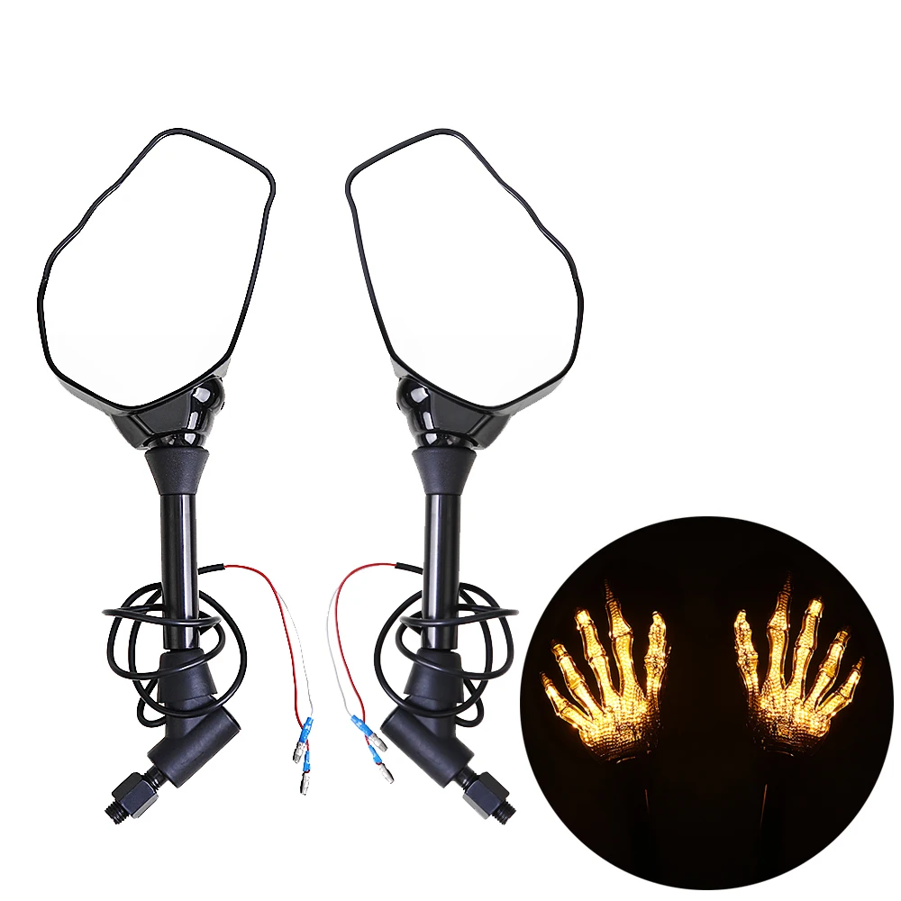 

8mm 10mm Motorcycle Skeleton Skull Hand Claw Rearview Side Mirrors W/ Amber LED Turn Signal Lights For Harley Honda Universal