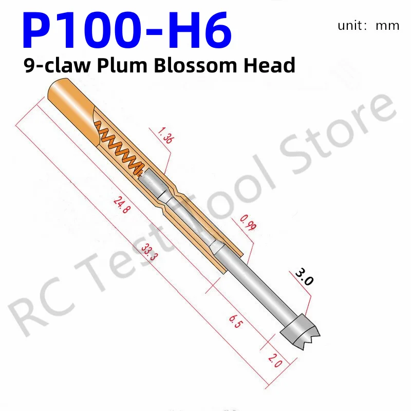 100PCS P100-H6 33.35mm 9-claw Plum Blossom Head Dia 3.0mm Needle Spring Test Probe P100-H Dia 1.36mm Circuit Board Test Tool
100PCS P100-H6 33.35mm 9-claw Plum Blossom Head Dia 3.0mm Needle Spring Test Probe P100-H Dia 1.36mm Circuit Board Test Tool