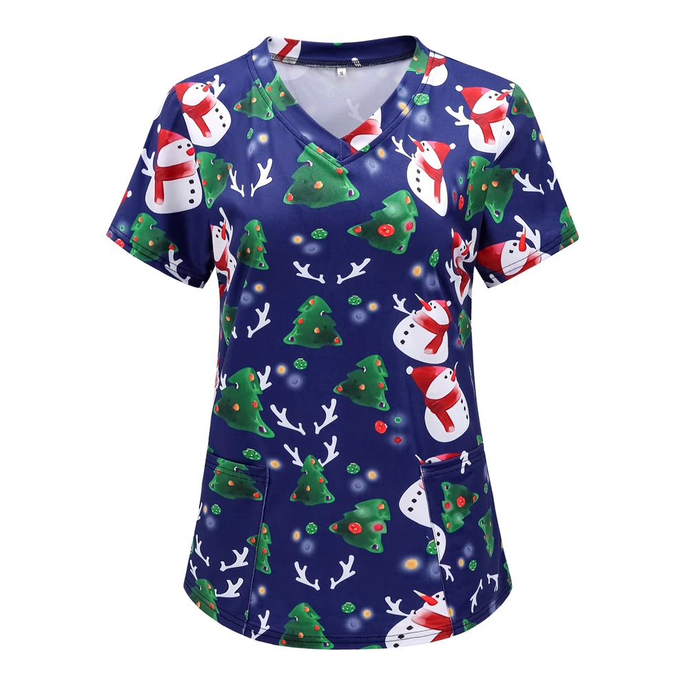 

Women's Christmas Print Short Sleeve V-neck Top Nurse Uniforms Woman Tops Pet Grooming Working Uniform