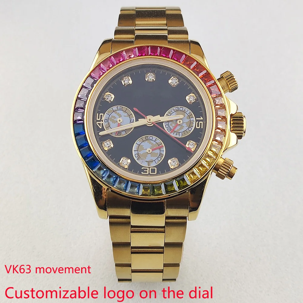 Men's Watch Vk63 Case Rainbow Bezel Diamond Set Dial Sapphire Glass Suitable for Assembly Vk63 Movement Watch Accessories
Men's Watch Vk63 Case Rainbow Bezel Diamond Set Dial Sapphire Glass Suitable for Assembly Vk63 Movement Watch Accessories