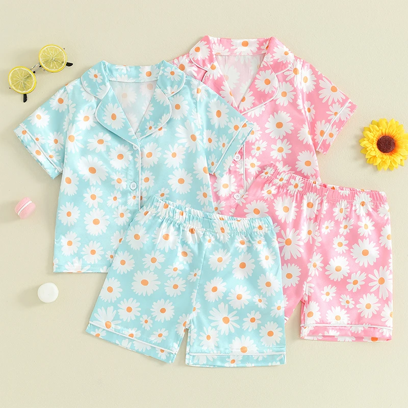 

Kids Baby Boys Girls Satin Pajama Set Short Sleeve Button Down Daisy Print Tops + Elastic Waist Shorts Toddler Lounge Outfit