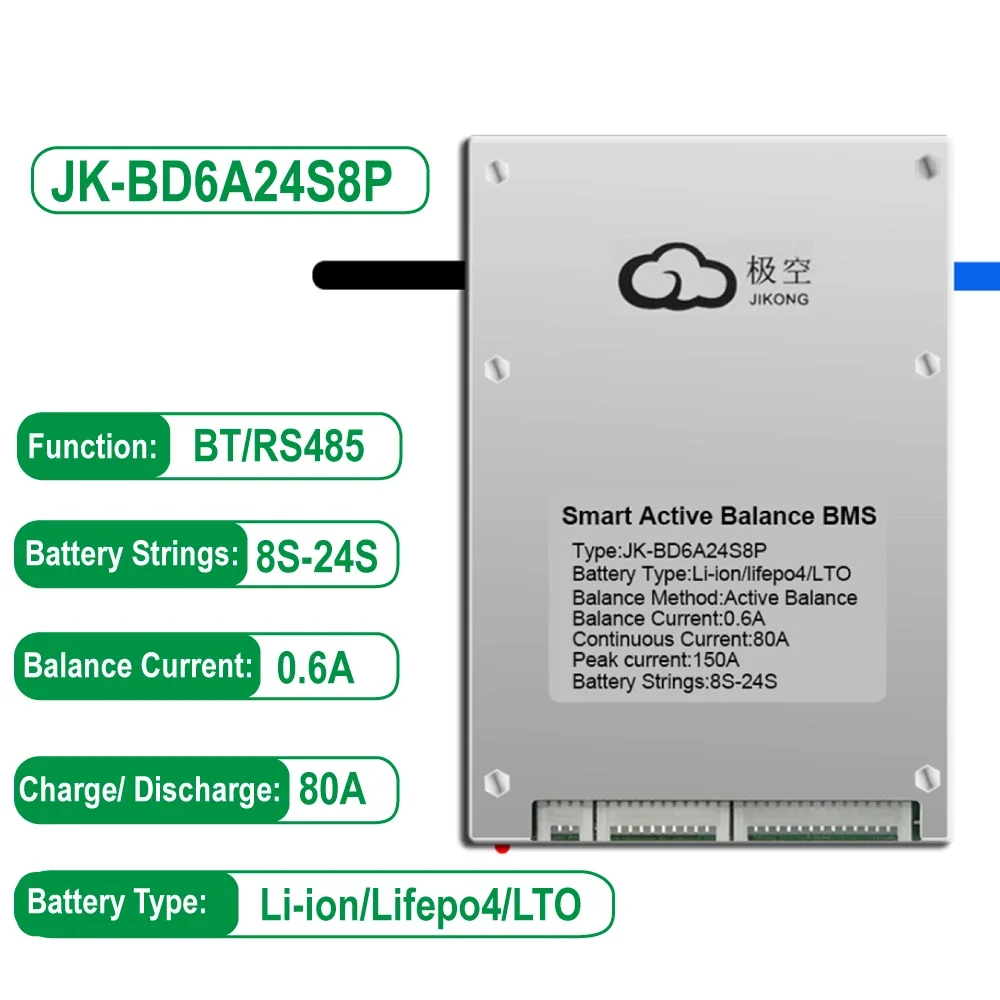 

JK BMS JK-BD6A24S8P Smart BMS 0.6 Active Balance 8S 9S 10S 12S 16S 20S 24S Current Continuous Discharge 80A Lifepo4 Camping RV