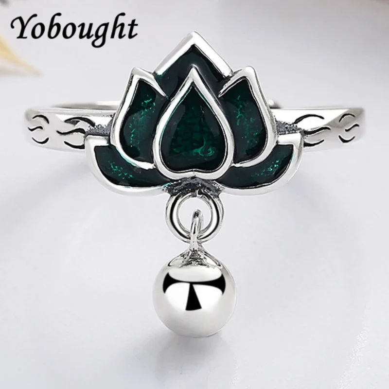

S925 Sterling Silver Retro Vintage Drop Glue Colored Glaze Lotus Tassel Shaped Ethnic Style Light Luxury Earring Ring