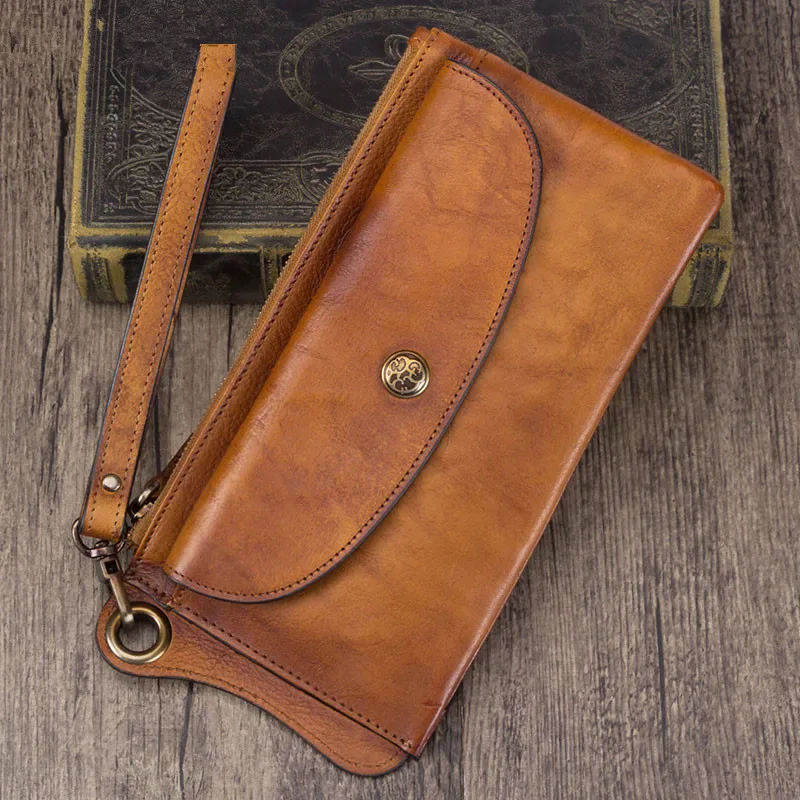 

Retro Leather Men's Wallet Card Holder Long Wallets Men Zipper Purse First Layer Cowhide Thin Section Simple Tide 3 fold Male
