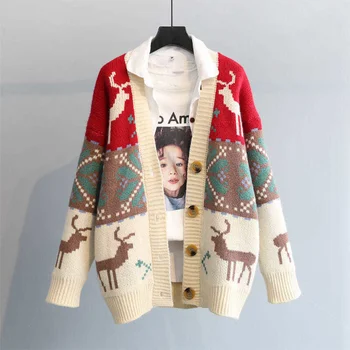 2023 New Korean Clothes Womens Christmas Deer Cardigan Crop Sweater Coat Red Knitting Loose New Year Retro Sweater Tops For Wom