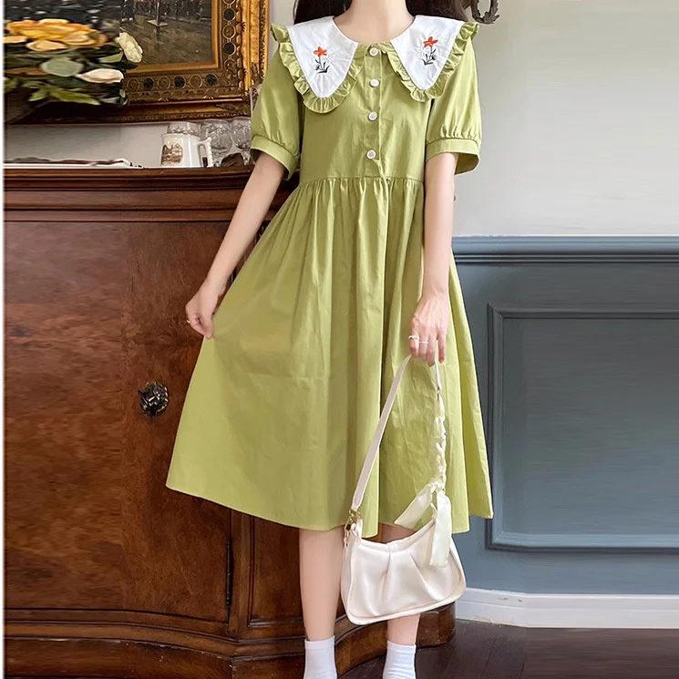 Baby Collar Cotton Short Sleeve Dress New Summer High School Students Loose Slim Academy Style Long Dress 
Baby Collar Cotton Short Sleeve Dress New Summer High School Students Loose Slim Academy Style Long Dress