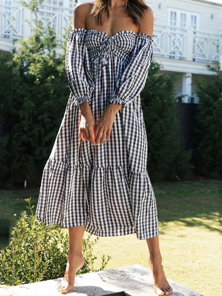 Off Shoulder Plaid Long Sleeve Maxi Long Dress Women Autumn Checked A-line Casual Dress Robe Vestidos Mujer
Off Shoulder Plaid Long Sleeve Maxi Long Dress Women Autumn Checked A-line Casual Dress Robe Vestidos Mujer